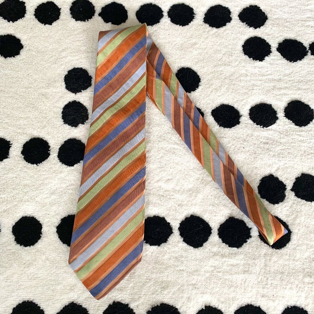 Eton Silk Linen Brown Green Striped Print Neck Tie